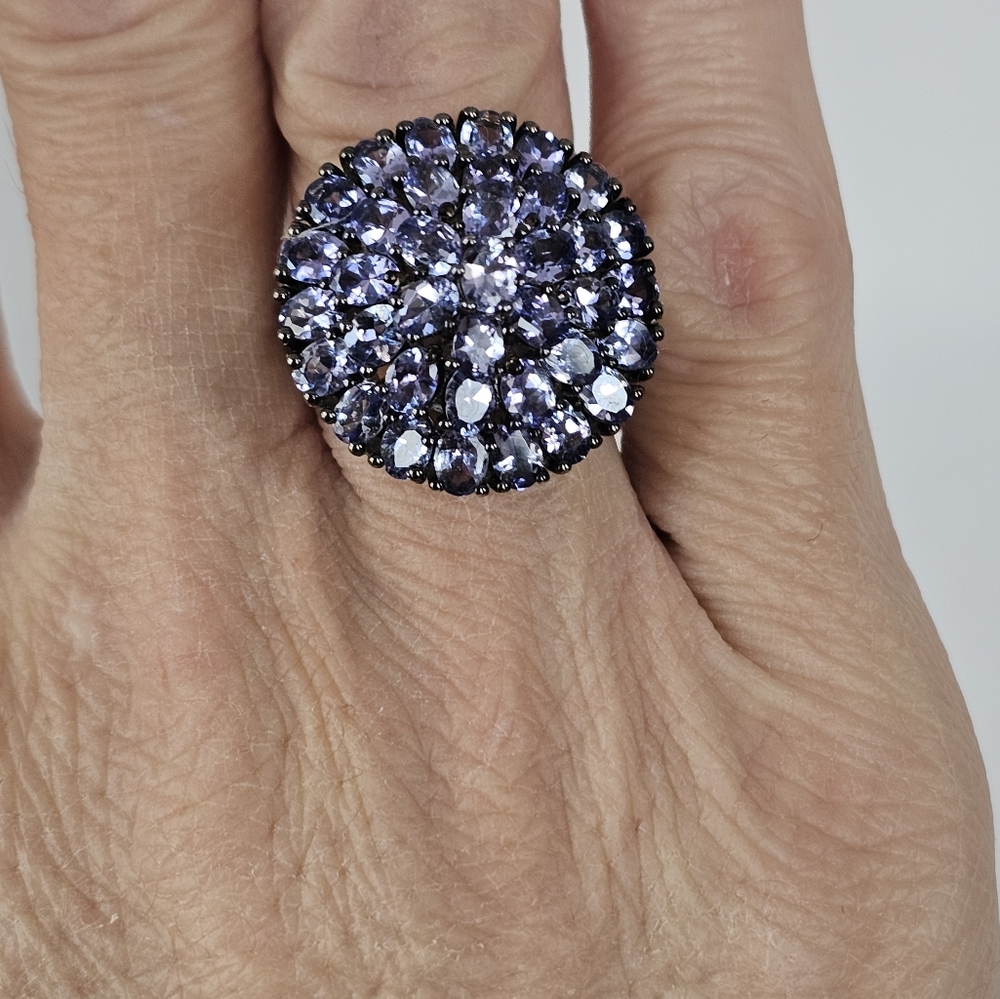 Natural Tanzanite Cluster Ring in Platinum over Sterling Silver Sz 6 - Picture 10 of 14